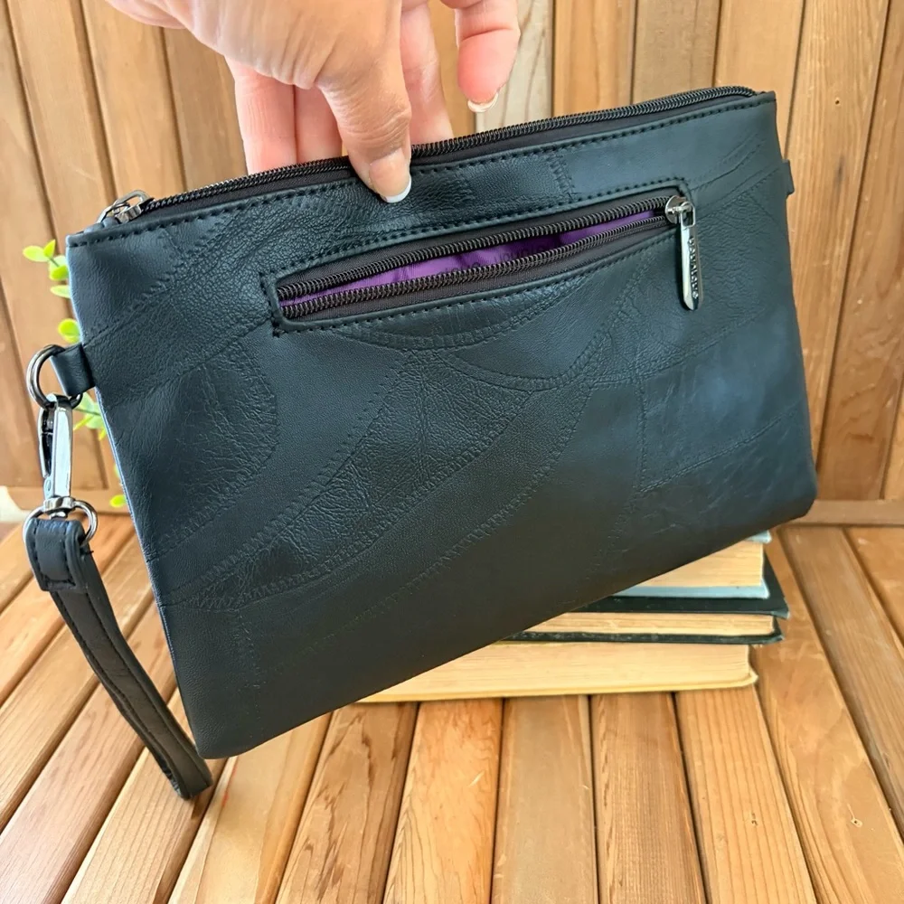 Edgy Black Leather Studded Clutch Crossbody Bag Wristlet Boho by Younique - Picture 4 of 8
